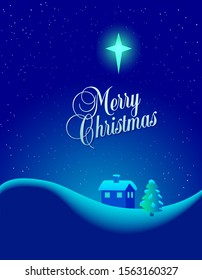 A Merry Christmas cozy landscape scene with a cottage and tree