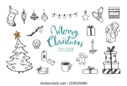 Merry christmas. Cozy winter home collection. Vector hand drawn elements
