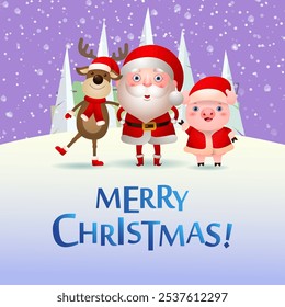 Merry Christmas creative banner design. Calligraphy with cartoon characters of pig, deer and Santa Claus. Can be used for greeting cards, posters, banners