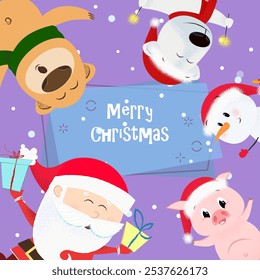 Merry Christmas creative banner design with cartoons. Inscription with Santa, piglet, snowman, bear and polar bear on background with snowflakes. Can be used for postcards, invitations, greeting cards