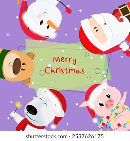 Merry Christmas creative banner design with cartoons. Inscription with snowman, bear, piglet on abstract background with snowflakes.Can be used for postcards, invitations, greeting cards