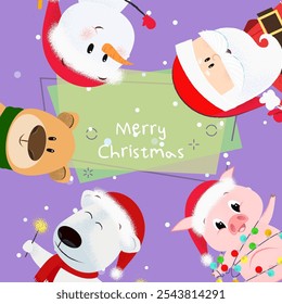 Merry Christmas creative banner design with cartoons. Inscription with snowman, bear, piglet on abstract background with snowflakes.Can be used for postcards, invitations, greeting cards