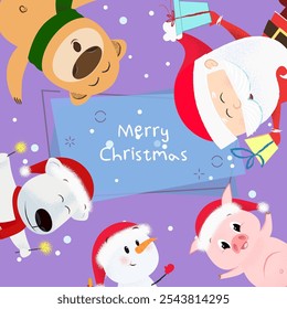 Merry Christmas creative banner design with cartoon characters. Inscription with snowman, bear, piglet and Santa on background with snowflakes. Can be used for postcards, invitations, greeting cards