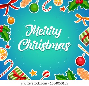 Feliz Navidad, diseño creativo de pancartas. Idea de diseño de postales navideñas. Tarjeta de saludo de vacaciones de invierno con texto de felicitación sobre fondo azul. Ilustración vectorial de afiches festivos