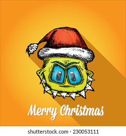 merry christmas creative card with green green monster and santa hat