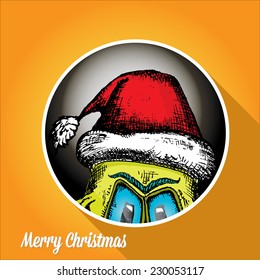merry christmas creative card with green green monster and santa hat