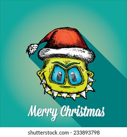 merry christmas creative card with monster and santa hat