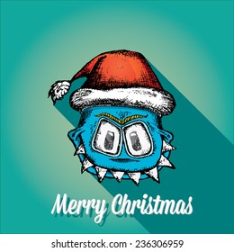 merry christmas creative card with monster and santa hat