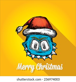 merry christmas creative card with monster and santa hat
