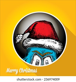 merry christmas creative card with monster and santa hat