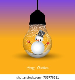 Merry Christmas. Creative design with hanging light bulb and snowman