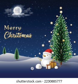 Merry Christmas Creative with festive elements, christmas elements, snowman, gifts, glow and christmas tree with festival typography, beautiful background and snow