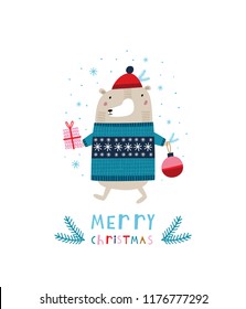 Frohe Weihnachten. Kreative handgezeichnete Karte für den Winterurlaub mit niedlichem Bären. Vektorgrafik. Handgezeichnetes Typografie-Poster. Weihnachtsdesign. Helle Farben