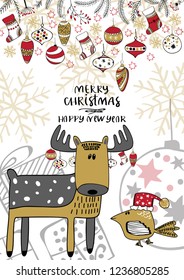 Merry Christmas creative hand drawn card with Christmas toys.