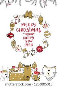 Merry Christmas creative hand drawn card with Christmas toys.