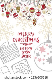 Merry Christmas creative hand drawn card with Christmas toys.
