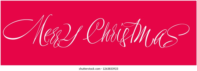 Merry Christmas - creative hand drawn calligraphy; white letters on red background. Flat vector illustration for prints, cards, posters, greetings, invitations, seasonal design and decoration, web.