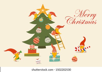 Merry Christmas. Creative idea template with funny gnomes decorating a Christmas tree. Vector illustration. Can be used for banner, poster, greeting card, postcard and print.