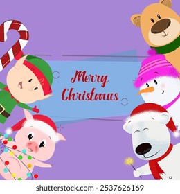 Merry Christmas creative postcard design. Lettering with cartoon characters on abstraact background. Can be used for postcards, invitations, greeting cards