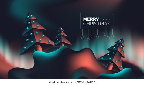 merry christmas creative web banner  design with 3d geometric spruce trees northern light on dark background vector illustration