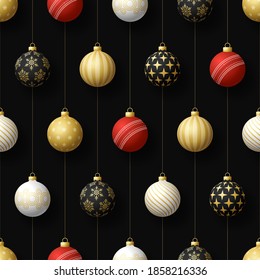 Merry Christmas cricket seamless pattern. Hang on a thread realistic cricket ball as a Christmas ball on black horizontal background. Sport Vector illustration.