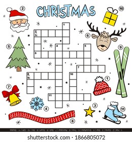 Merry Christmas crossword for kids. Children's winter game with cartoon elements. Santa Claus, tree, reindeer, skis, skates, scarf, hat, snowflake. Vector illustration 