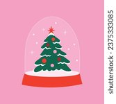 Merry Christmas crystal snowballs flat vector illustration set Collection of cute winter holiday glass snowglobe with xmas tree with baubles, sweet home, snowflakes