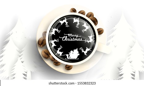 Merry christmas in cup off coffee and beans on white background from above. Hot drink smell of christmas. santa ride reindeer sleigh simple concept . Winter coffee shop background. -Vector