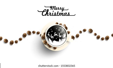 Merry christmas in cup off coffee and beans on white background from above. Hot drink smell of christmas. Santa ride reindeer sleigh. Winter coffee shop advertisement background. -Vector