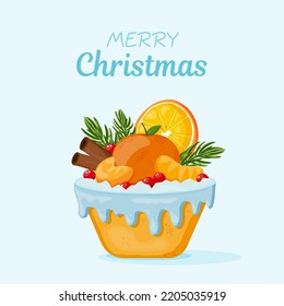 Merry Christmas. Christmas cupcake with cream, berries, orange, cinnamon and decorations. Suitable for greeting cards, posters, stickers