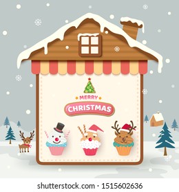 Merry Christmas with cupcakes on house frame and snow background.