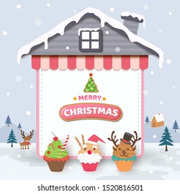 Merry Christmas with cupcakes on house frame and snow background.