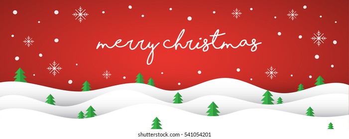 Merry Christmas with curve snow and red winter background.