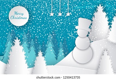 Merry Christmas cut out greeting card with winter landscape, snowman on hill in high hat, forest with white spruces, snowfall, moon and blue sky, vector papercut