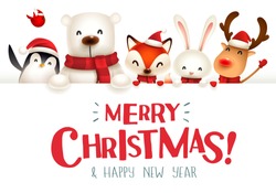 Merry Christmas! Christmas Cute Animals Character With Big Signboard.