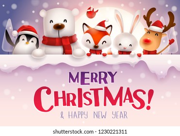 Merry Christmas! Christmas cute animals character with big signboard in the moonlight.