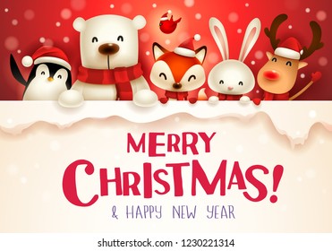 Merry Christmas! Christmas cute animals character with big signboard.