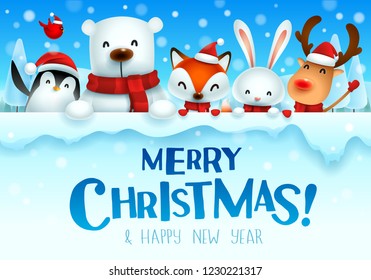 Merry Christmas! Christmas cute animals character with big signboard.