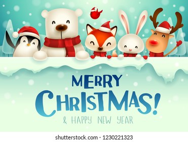 Merry Christmas! Christmas cute animals character with big signboard.