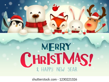 Merry Christmas! Christmas Cute Animals Character With Big Signboard In The Moonlight.