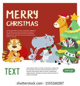Merry Christmas. Christmas Cute Animals Character. Happy Christmas Companions. Tiger, rabbit, hippopotamus, giraffe and zebra scene.
