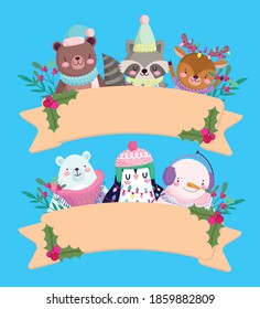 merry christmas, cute animals with hats holly berry ribbon decoration vector illustration