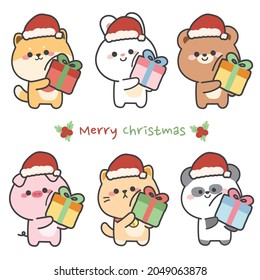 Merry christmas.Set of cute animals hold gift box.Character cartoon design. Dog,rabbit,bear,pig,cat,panda.Image for card,wallpaper,baby cloth,background.Kawaii.Isolated.Winter.Vector.Illustration.