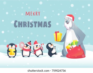 Merry Christmas with cute animals. Polar Bear Gives Christmas Gifts to Penguins. Greeting card vector illustration.