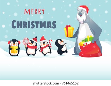 Merry Christmas with cute animals. Polar Bear Gives Christmas Gifts to Penguins. Greeting card vector illustration.