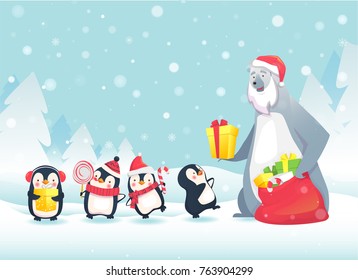 Merry Christmas with cute animals. Polar Bear Gives Christmas Gifts to Penguins. Greeting card vector illustration.