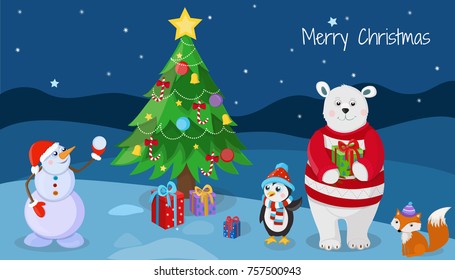  Merry christmas. Cute animals. Vector illustration.
