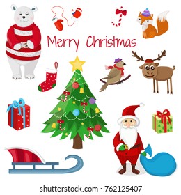 Merry christmas cute animals. Vector illustration.Set of  Christmas objects.