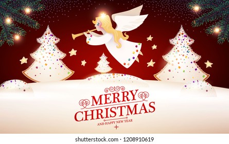 Merry Christmas Cute Background with Angel, Glazed Fir Tree ,Snow and Lights. Vector illustration