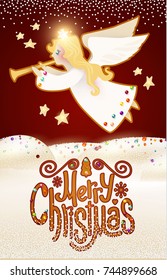 Merry Christmas Cute Background with Angel Playing the Trumpet, Christmas Candy Lettering, Snow and Lights. Vector illustration